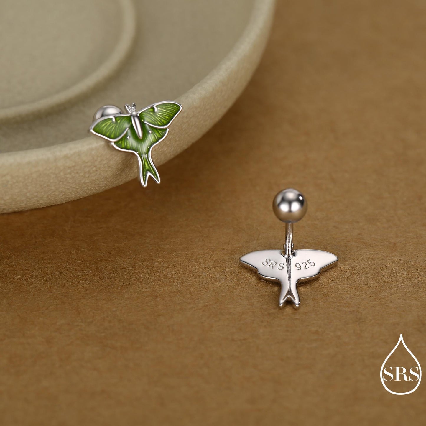 Lunar Moth Enamel Screw Back / Flat Back / Stud Earrings in Sterling Silver, Green Enamel Butterfly Earrings, Nature-Inspired Animal Earring