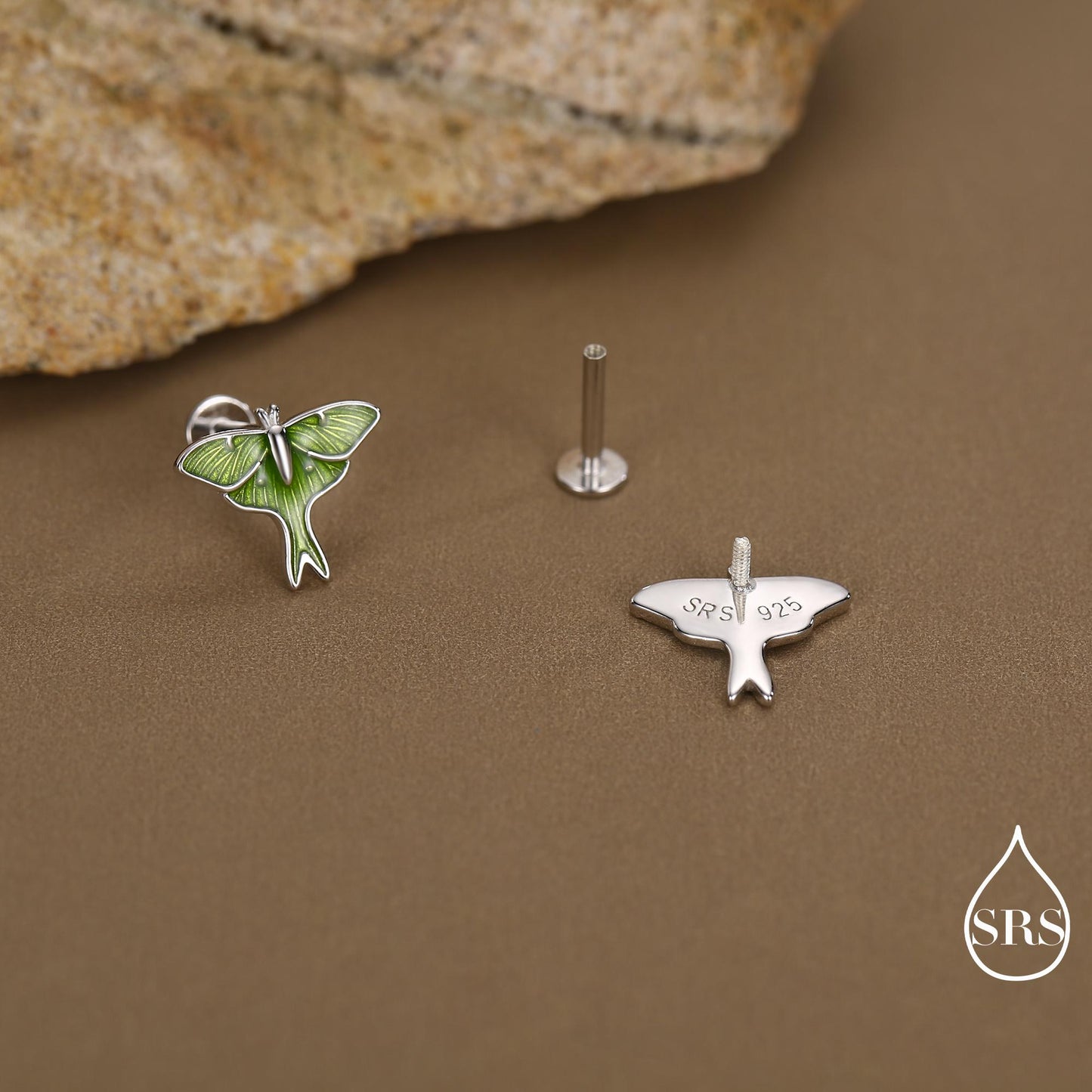 Lunar Moth Enamel Flat Back / Screw Back/ Stud Earrings in Sterling Silver, Green Enamel Butterfly Earrings, Nature-Inspired Animal Earring