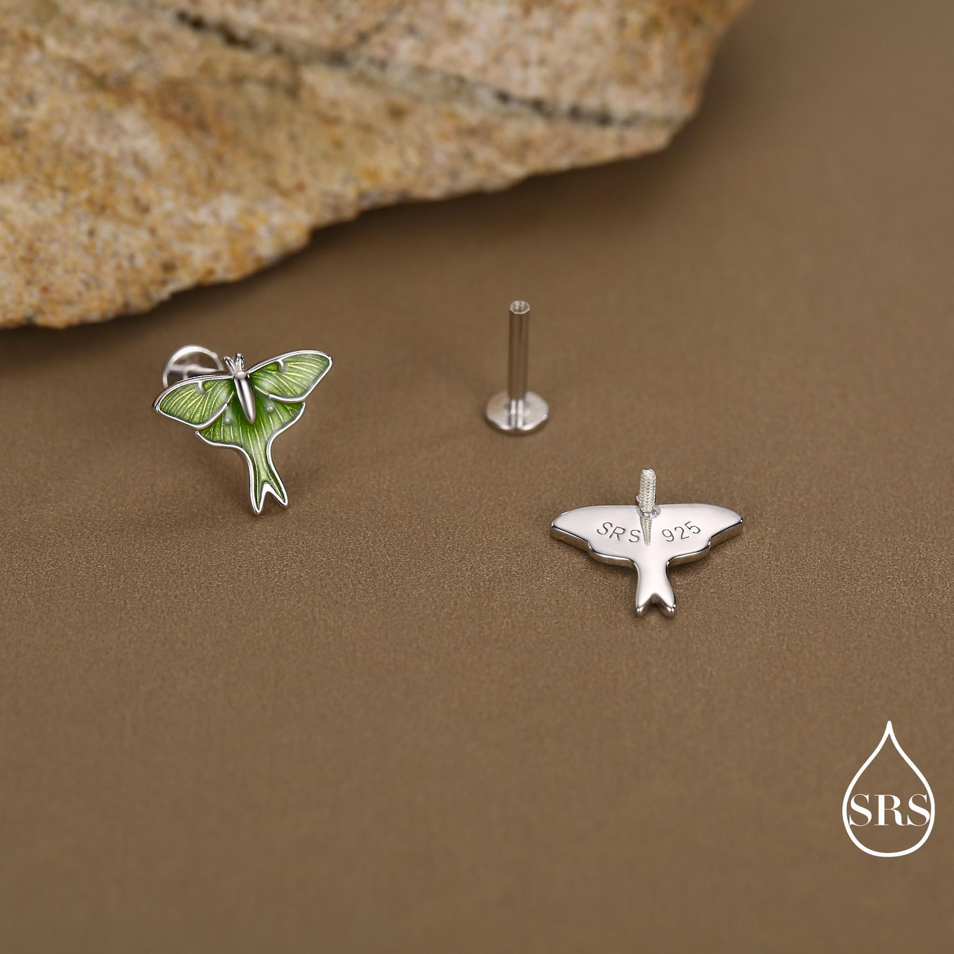 Lunar Moth Enamel Flat Back / Screw Back/ Stud Earrings in Sterling Silver, Green Enamel Butterfly Earrings, Nature-Inspired Animal Earring