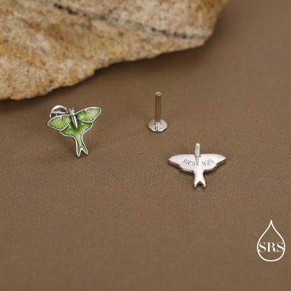 Lunar Moth Enamel Screw Back / Flat Back / Stud Earrings in Sterling Silver, Green Enamel Butterfly Earrings, Nature-Inspired Animal Earring
