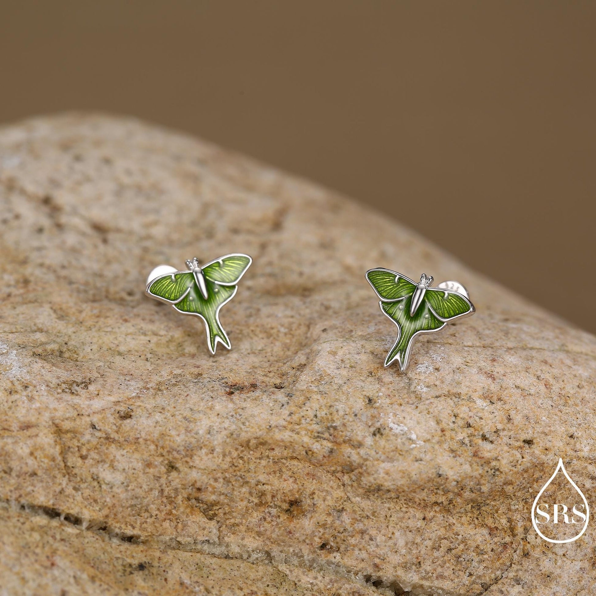 Lunar Moth Enamel Flat Back / Screw Back/ Stud Earrings in Sterling Silver, Green Enamel Butterfly Earrings, Nature-Inspired Animal Earring