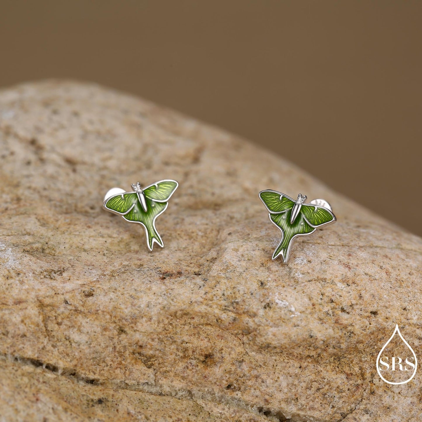Lunar Moth Enamel Screw Back / Flat Back / Stud Earrings in Sterling Silver, Green Enamel Butterfly Earrings, Nature-Inspired Animal Earring