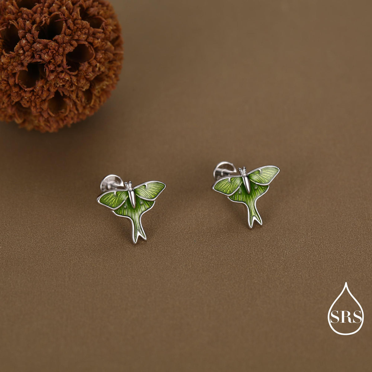 Lunar Moth Enamel Flat Back / Screw Back/ Stud Earrings in Sterling Silver, Green Enamel Butterfly Earrings, Nature-Inspired Animal Earring