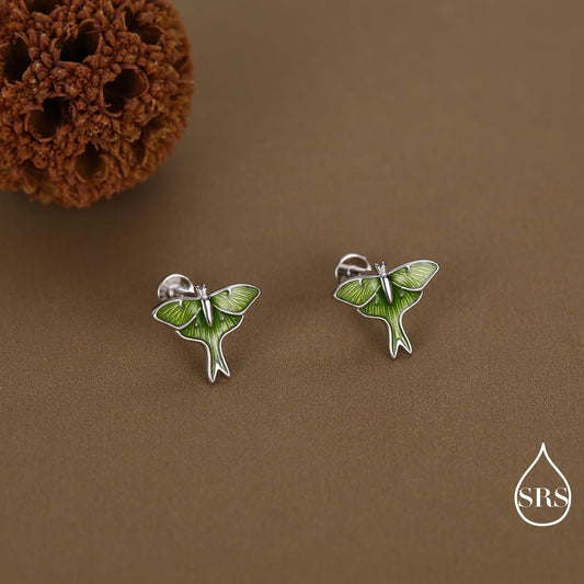 Lunar Moth Enamel Flat Back / Screw Back/ Stud Earrings in Sterling Silver, Green Enamel Butterfly Earrings, Nature-Inspired Animal Earring