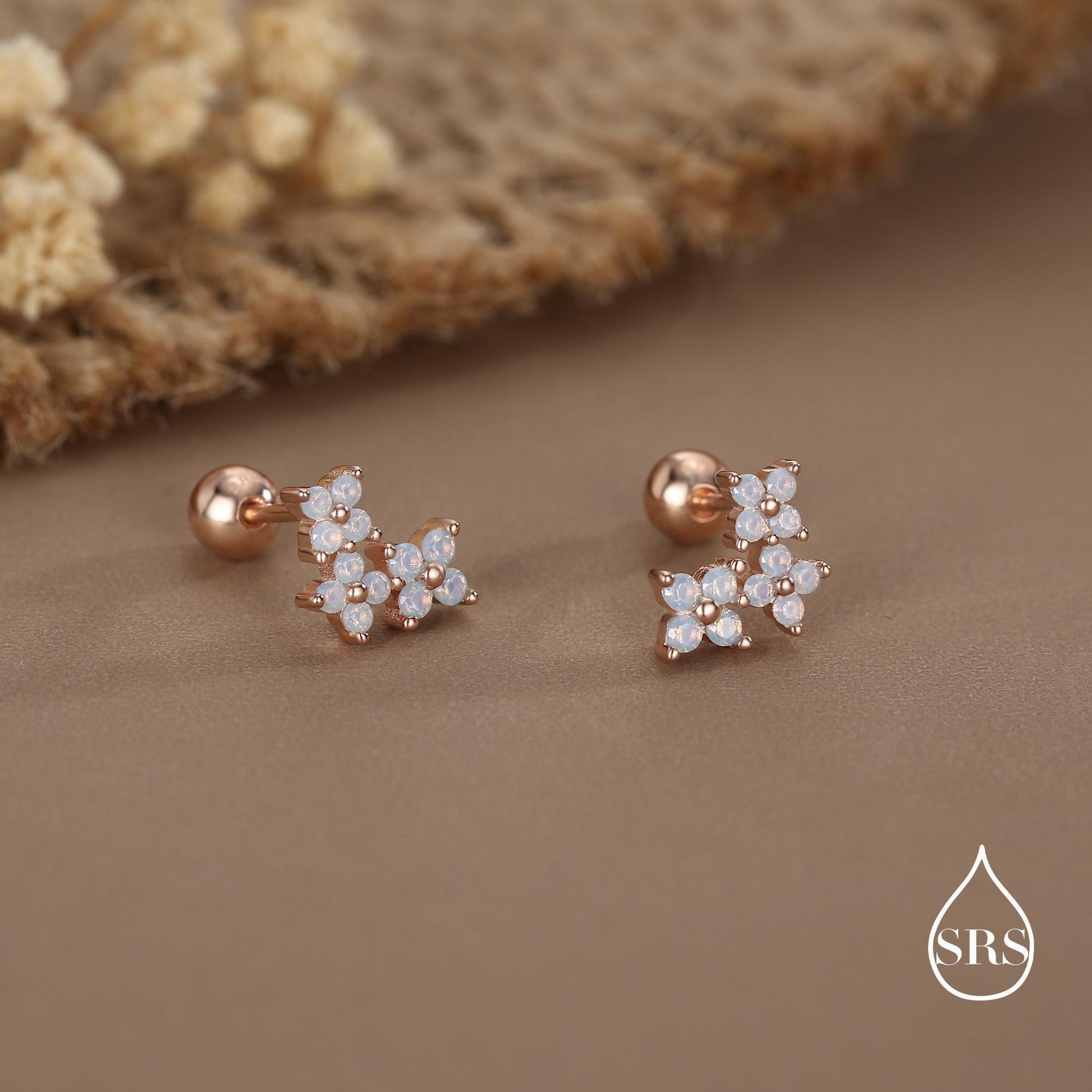 Opal Colour CZ Hydrangea Bouquet 18G Screw Back Earrings in Sterling Silver, Silver, Gold or Rose Gold, Flower Earrings