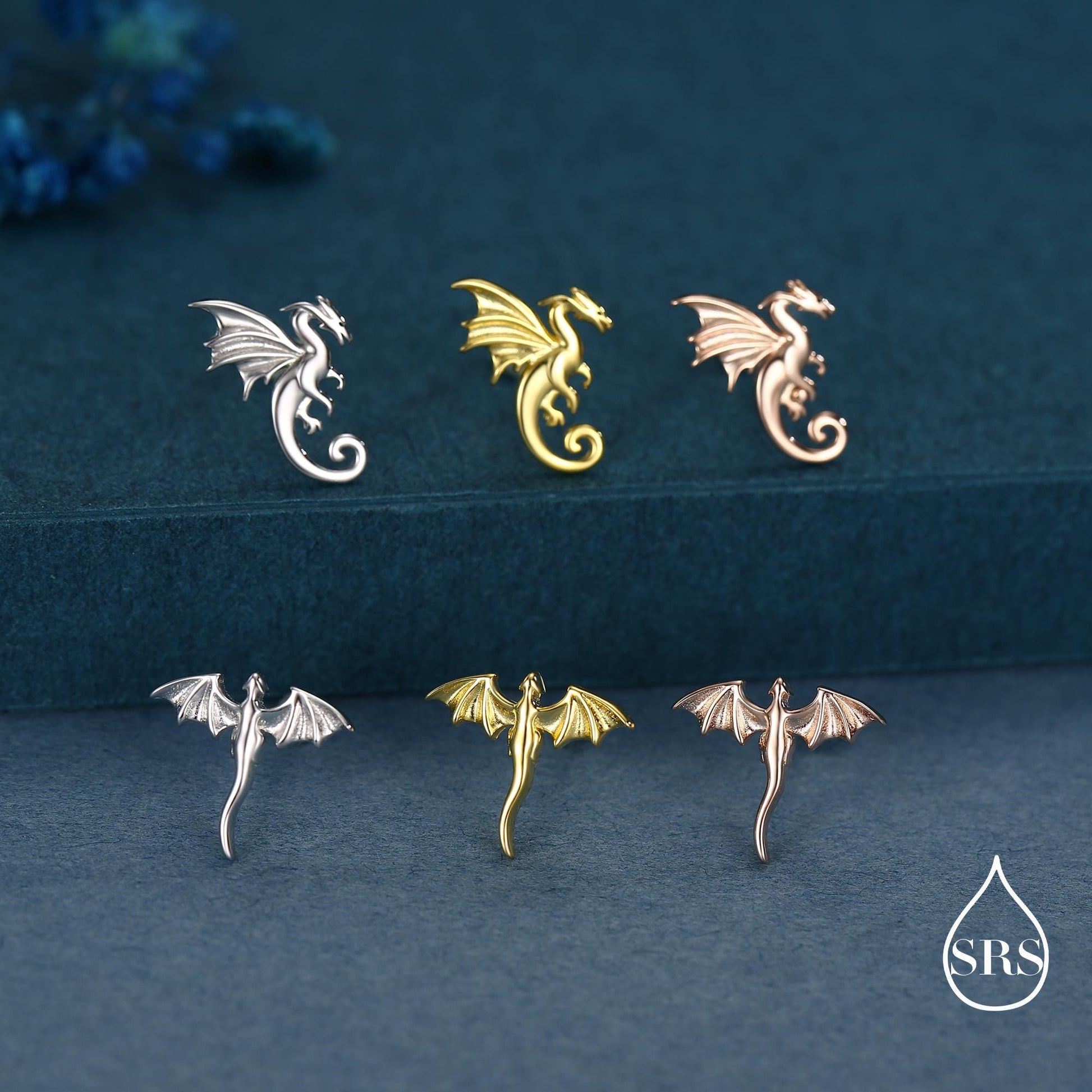 Extra Tiny Mismatched Dragon Stud Earrings in Sterling Silver, Silver or Gold or Rose Gold, Asymmetric Dragon Stud Earrings