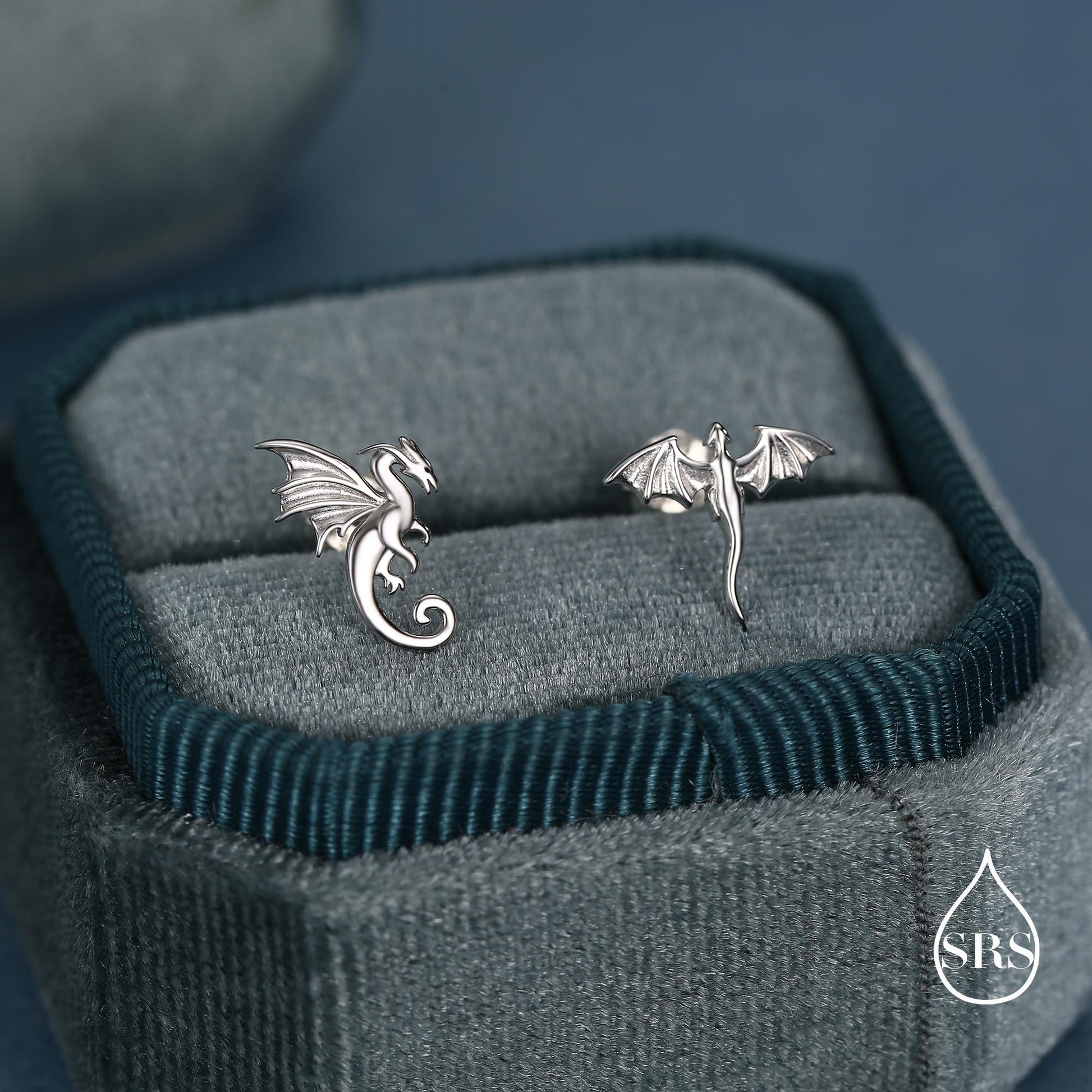 Extra Tiny Mismatched Dragon Stud Earrings in Sterling Silver, Silver or Gold or Rose Gold, Asymmetric Dragon Stud Earrings