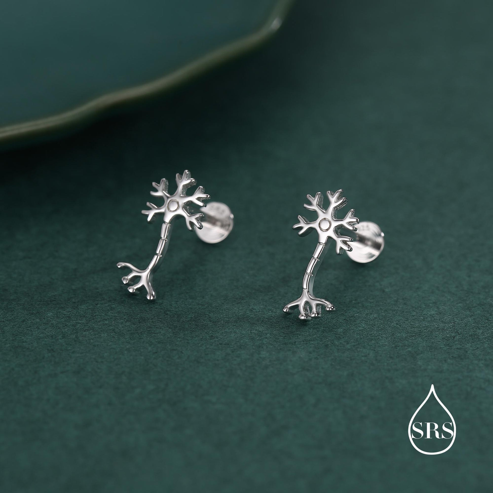 Tiny Neuron Cell 16G Internally Threaded Flat Back Earrings in Sterling Silver,