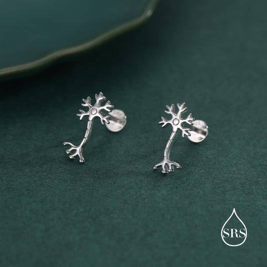 Tiny Neuron Cell 16G Internally Threaded Flat Back Earrings in Sterling Silver