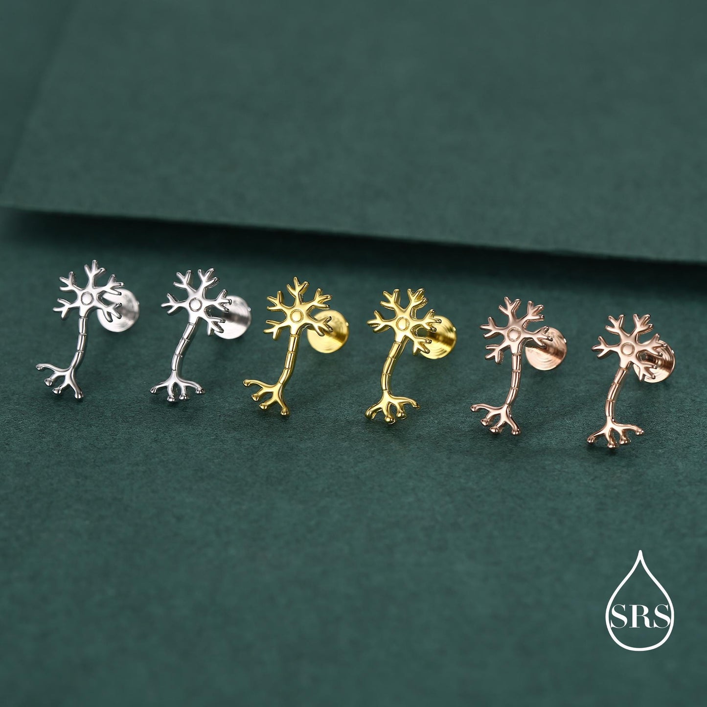 Tiny Neuron Cell 16G Internally Threaded Flat Back Earrings in Sterling Silver,