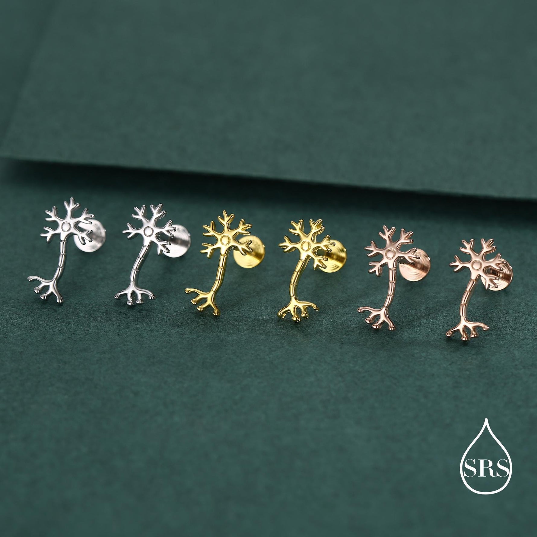 Tiny Neuron Cell 16G Internally Threaded Flat Back Earrings in Sterling Silver