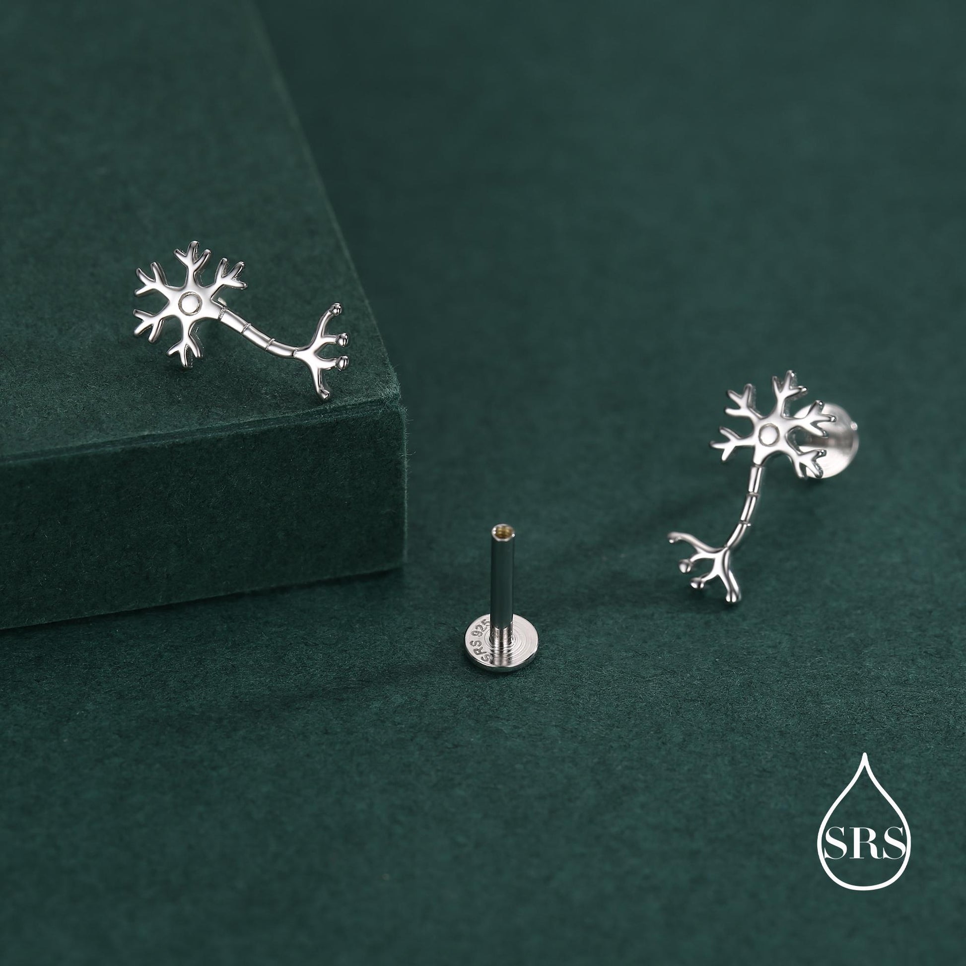 Tiny Neuron Cell 16G Internally Threaded Flat Back Earrings in Sterling Silver,