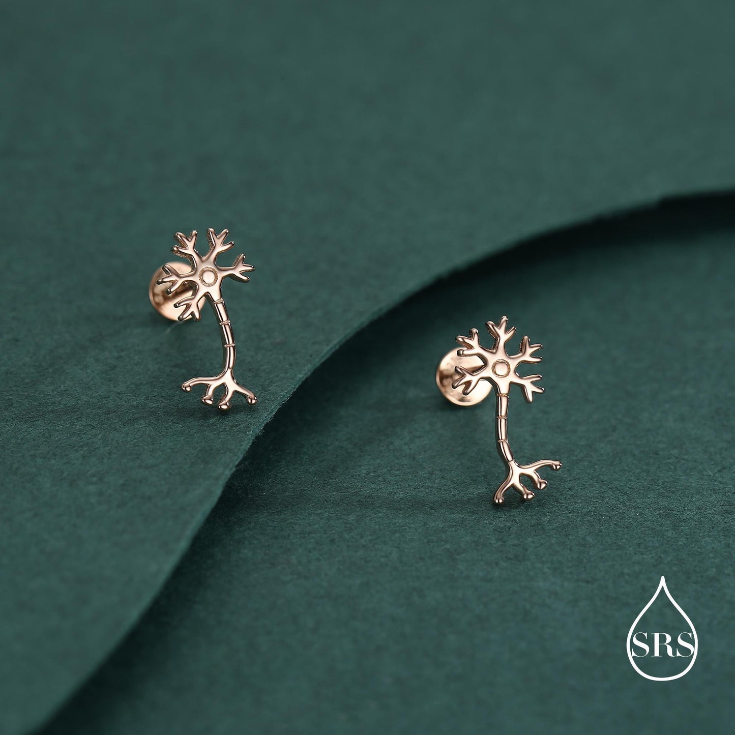 Tiny Neuron Cell 16G Internally Threaded Flat Back Earrings in Sterling Silver,