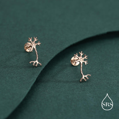 Tiny Neuron Cell 16G Internally Threaded Flat Back Earrings in Sterling Silver,