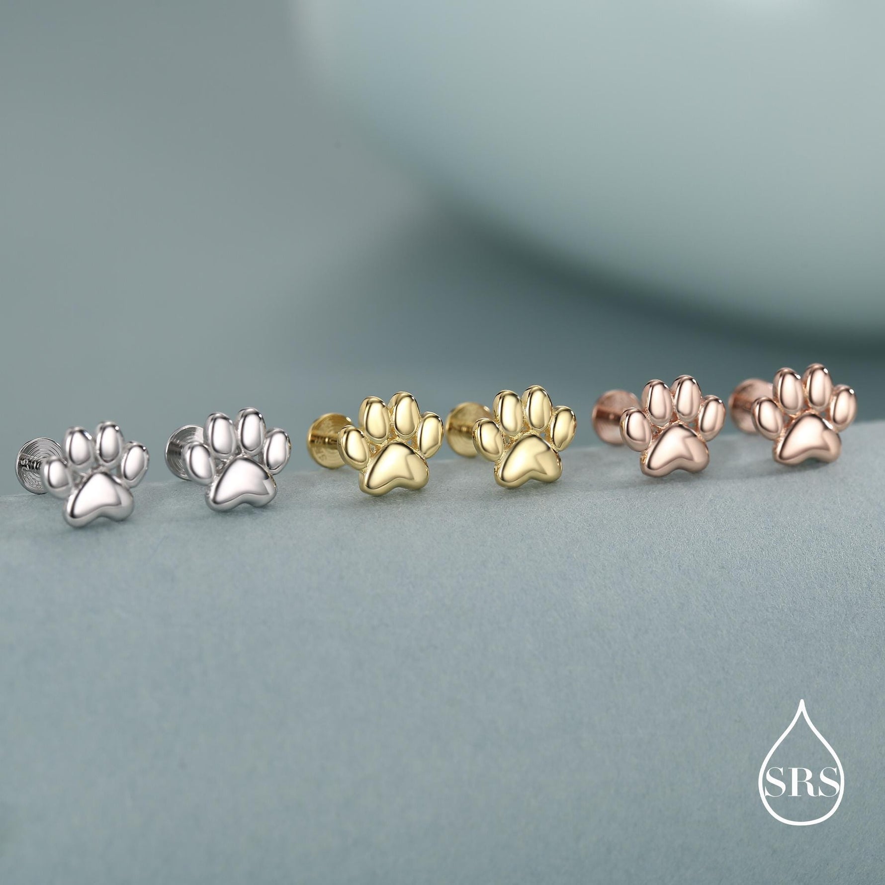 Sterling Silver Paw Print Flat-Back Studs for Animal Lovers, 16G 8mm Flat Back Earrings