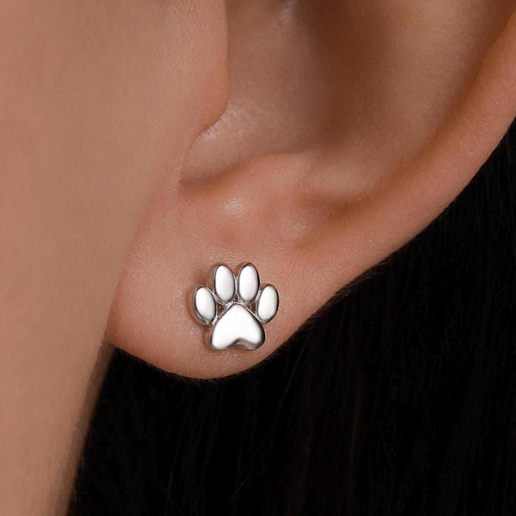 Very Tiny Paw Print Stud Earrings in Sterling Silver, Silver or Gold or Rose Gold, Pet Earrings, Dog Earrings, Cat Earrings