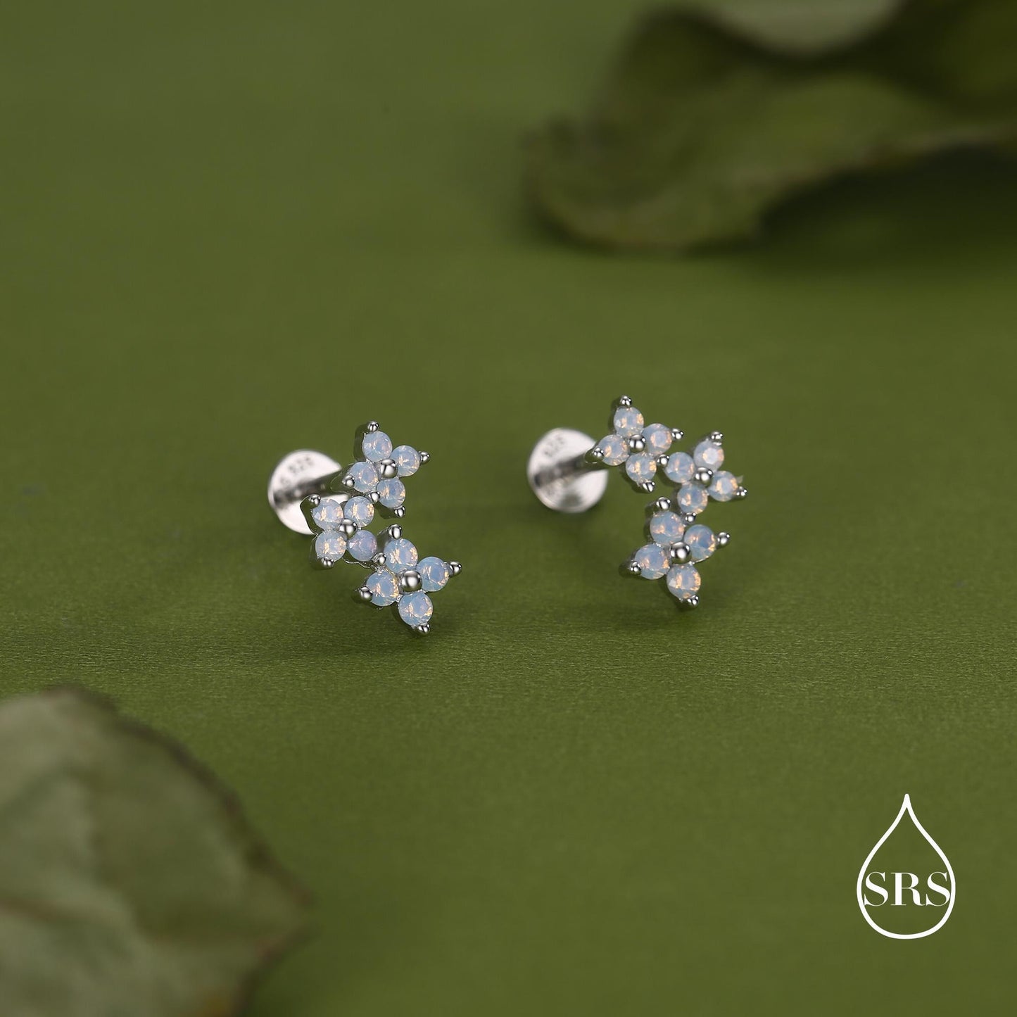 Opal Colour CZ Hydrangea Bouquet 16G Flat Back Earrings in Sterling Silver, 16G 8mm Flat Back Studs