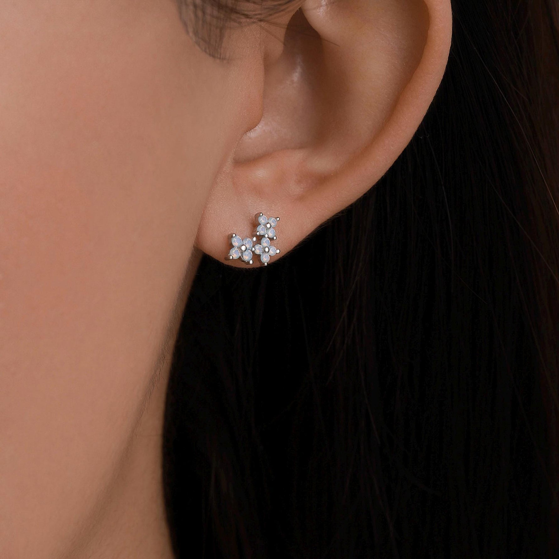 Opal Colour CZ Hydrangea Bouquet 16G Flat Back Earrings in Sterling Silver, 16G 8mm Flat Back Studs