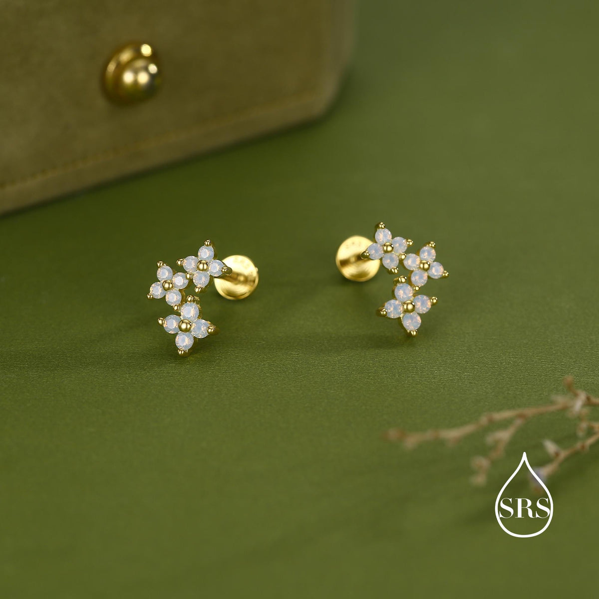 Opal Colour CZ Hydrangea Bouquet 16G Flat Back Earrings in Sterling Silver, 16G 8mm Flat Back Studs