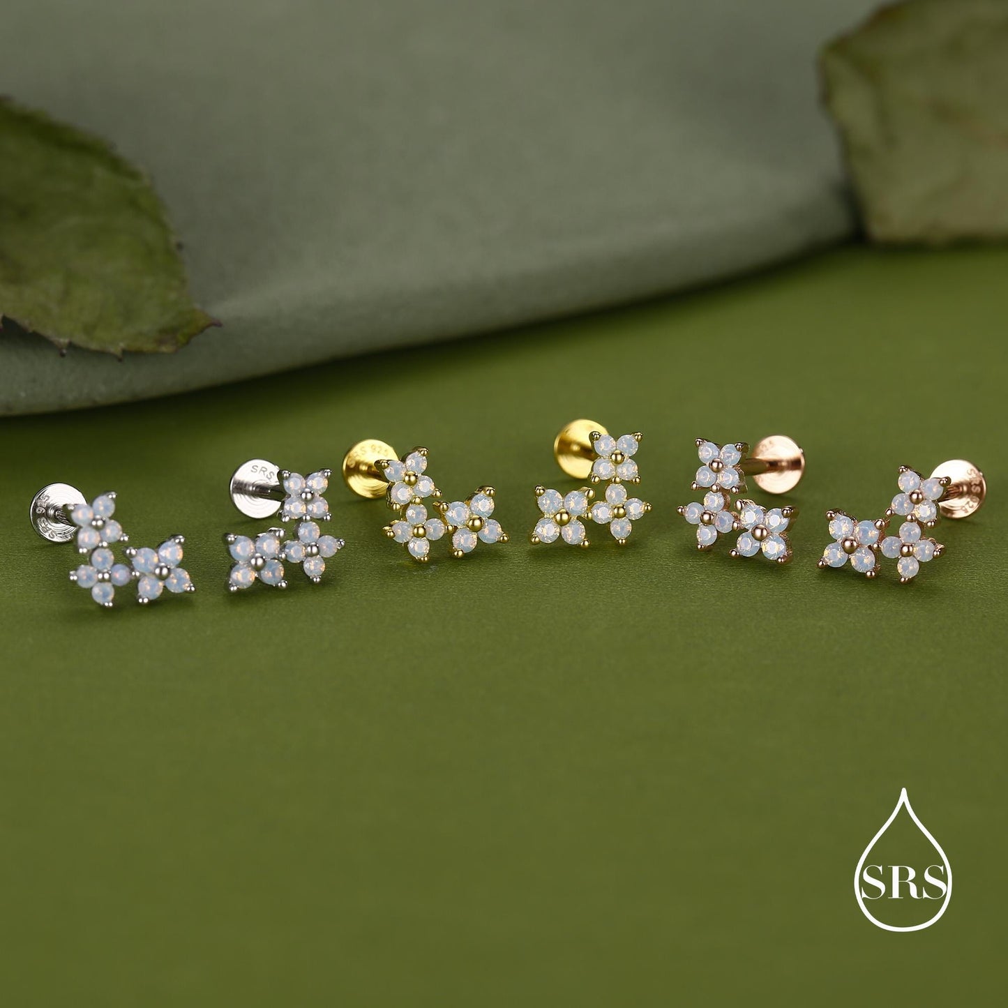 Opal Colour CZ Hydrangea Bouquet 16G Flat Back Earrings in Sterling Silver, 16G 8mm Flat Back Studs