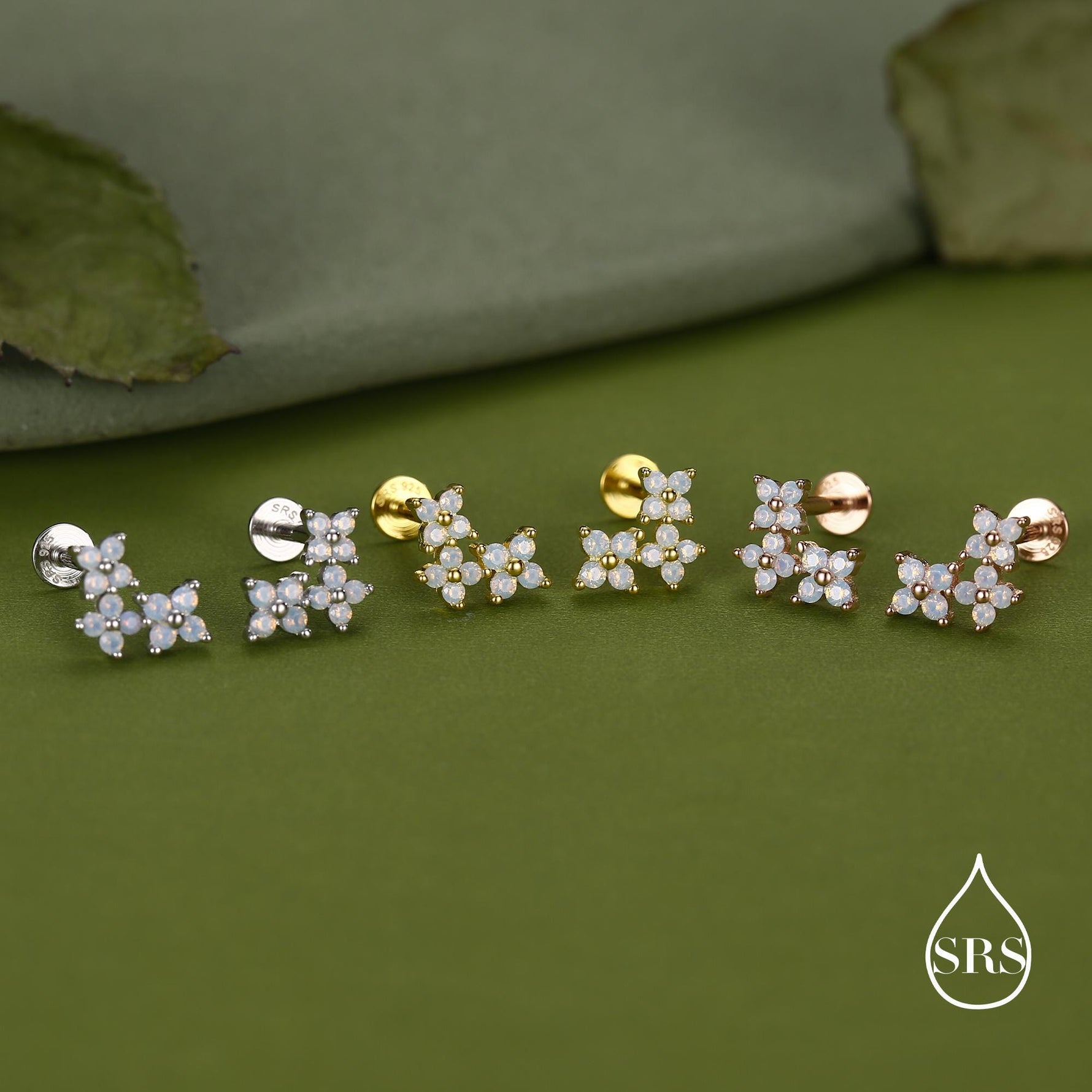 Opal Colour CZ Hydrangea Bouquet 16G Flat Back Earrings in Sterling Silver, 16G 8mm Flat Back Studs