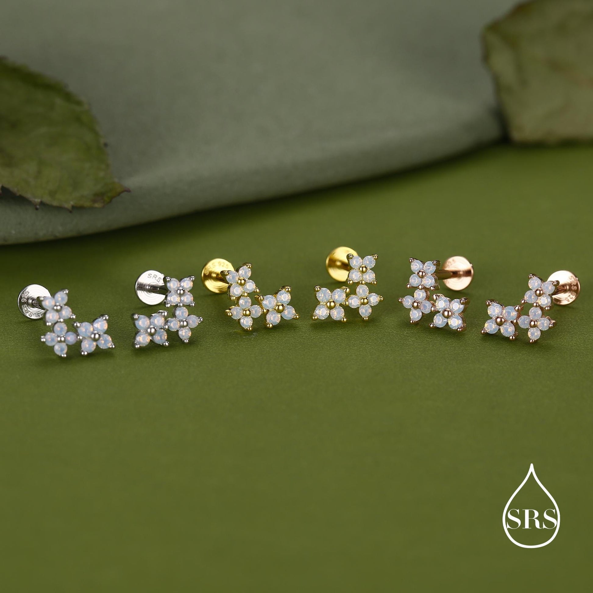 Opal Colour CZ Hydrangea Bouquet 16G Flat Back Earrings in Sterling Silver, 16G 8mm Flat Back Studs