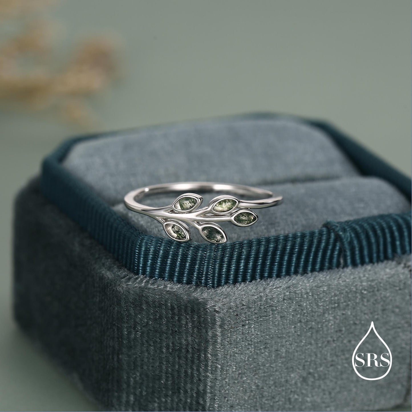 Silver Olive Branch Ring with Moss Agate, Silver or Gold, US 5 - 8 Olive Leaf Ring, Botanical Ring