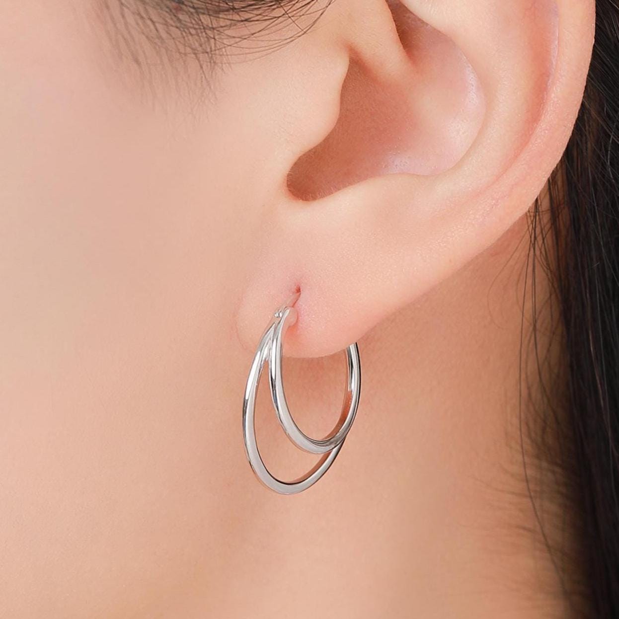 Single Piercing Double Large Hoop Earrings in Sterling Silver, Silver, Gold or Rose Gold Finish, Large Hoops, Silver Chunky Hoops
