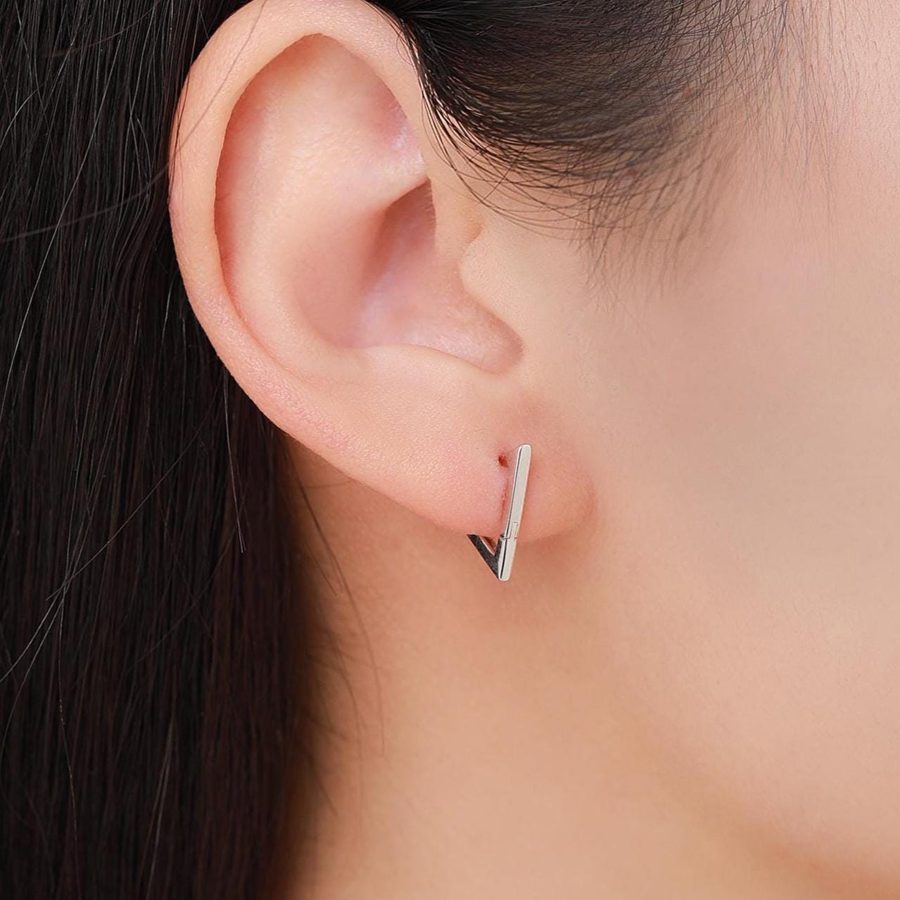 Sterling Silver Triangle Huggie Hoop Earrings, Silver or Gold, Simple Geometric Hoop Earrings