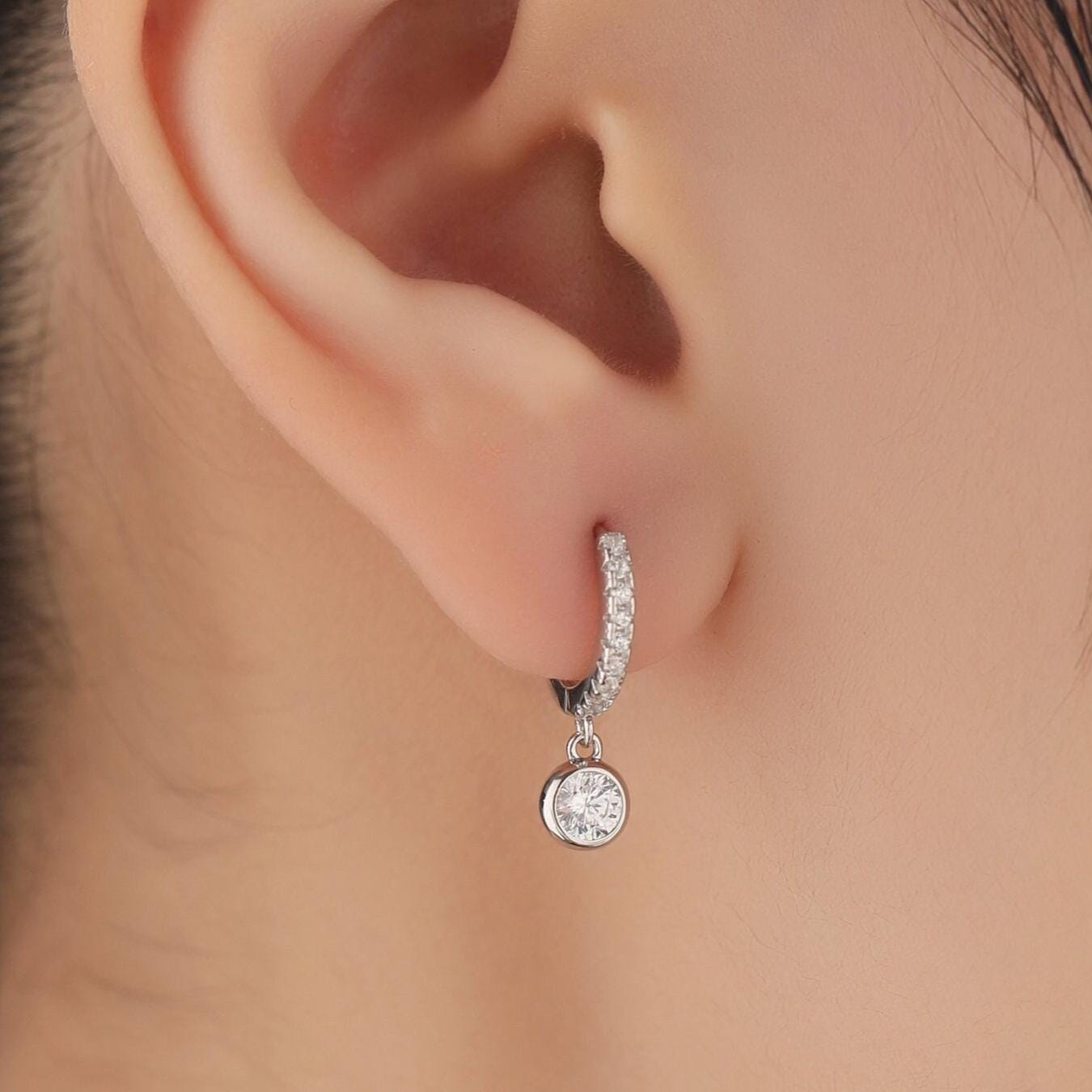 Tiny CZ Dangle Huggie Hoop in Sterling Silver, Silver or Gold, Skinny CZ Dangle Earrings, CZ Hoops