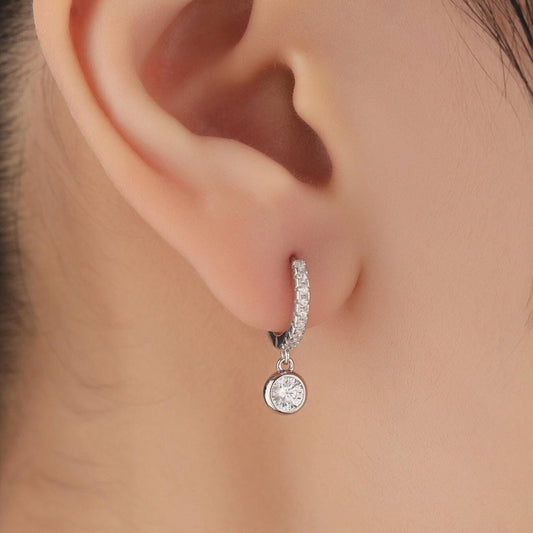 Tiny CZ Dangle Huggie Hoop in Sterling Silver, Silver or Gold, Skinny CZ Dangle Earrings, CZ Hoops