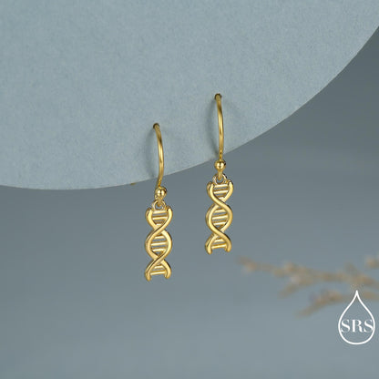 DNA Molecular Structure Drop Hook Earrings in Sterling Silver, Available in Silver, Gold or Rose Gold Finish, Fun Quirky Science Jewellery