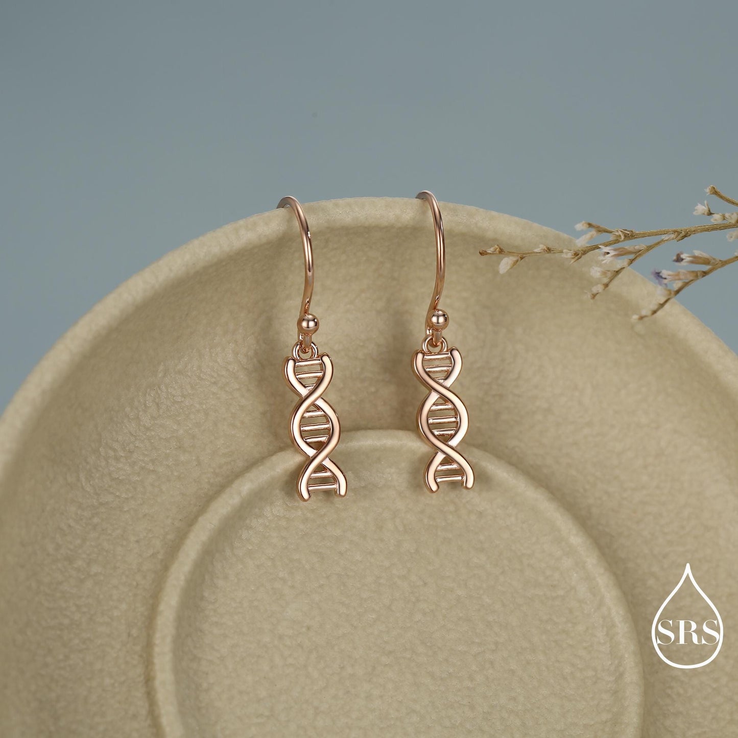 DNA Molecular Structure Drop Hook Earrings in Sterling Silver, Available in Silver, Gold or Rose Gold Finish, Fun Quirky Science Jewellery