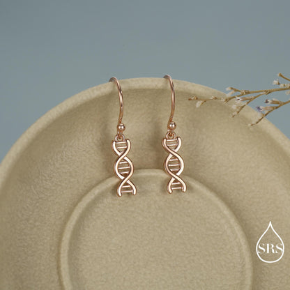 DNA Molecular Structure Drop Hook Earrings in Sterling Silver, Available in Silver, Gold or Rose Gold Finish, Fun Quirky Science Jewellery