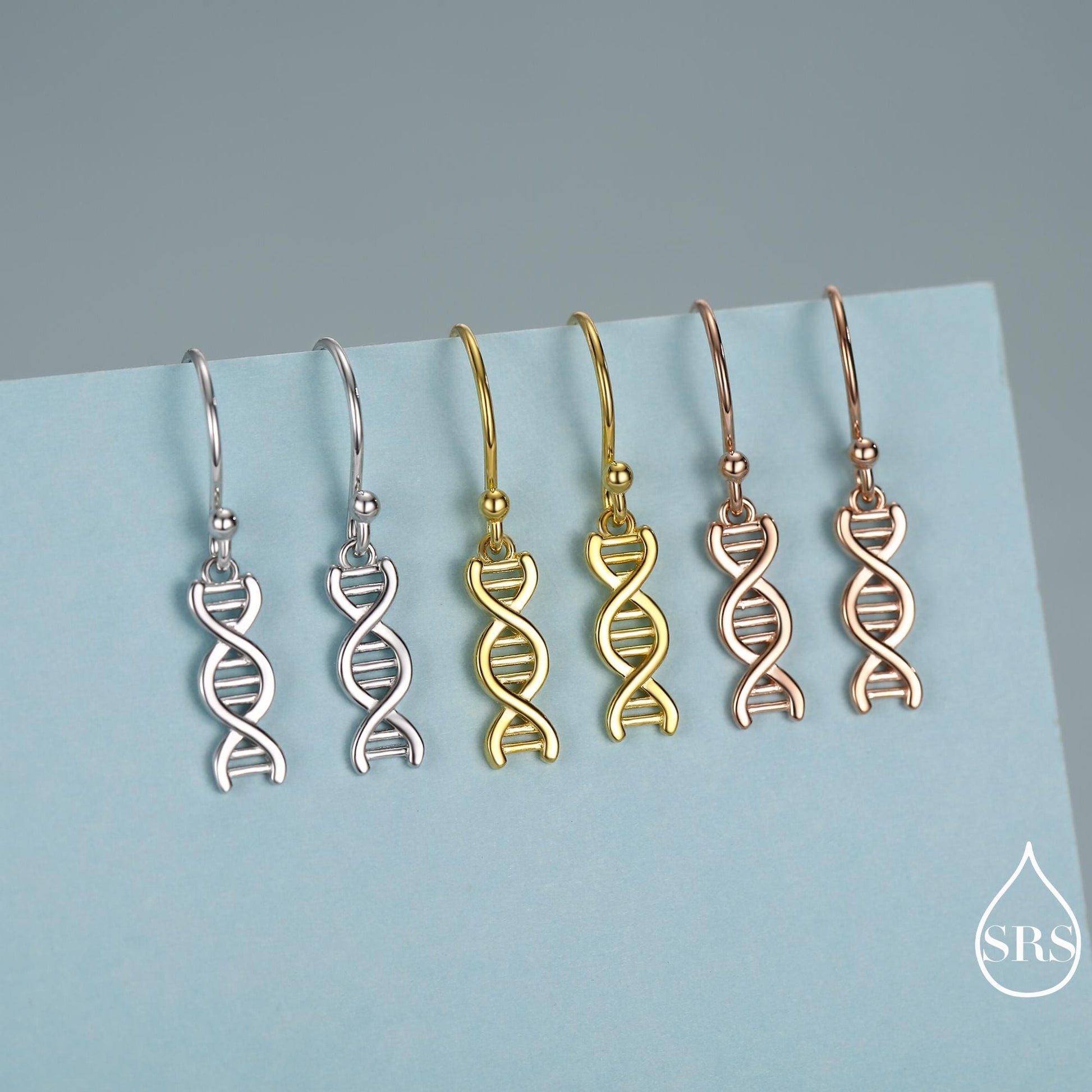 DNA Molecular Structure Drop Hook Earrings in Sterling Silver, Available in Silver, Gold or Rose Gold Finish, Fun Quirky Science Jewellery
