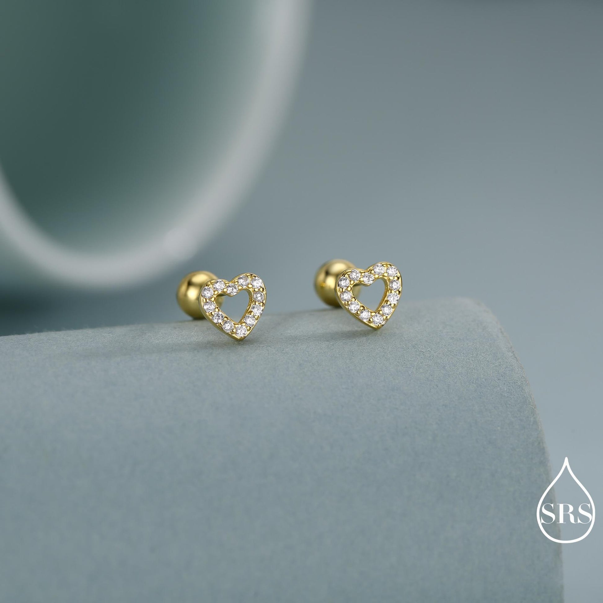 Small Pair of Open Heart Stud Earrings in Sterling Silver, Rose Gold, Silver, Screw Back Earrings - helix, cartilage, conch, tragus