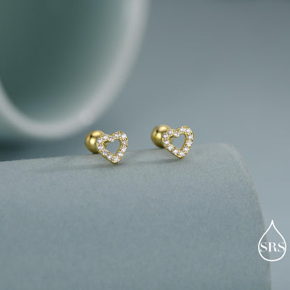 Small Pair of Open Heart Stud Earrings in Sterling Silver, Rose Gold, Silver, Screw Back Earrings - helix, cartilage, conch, tragus