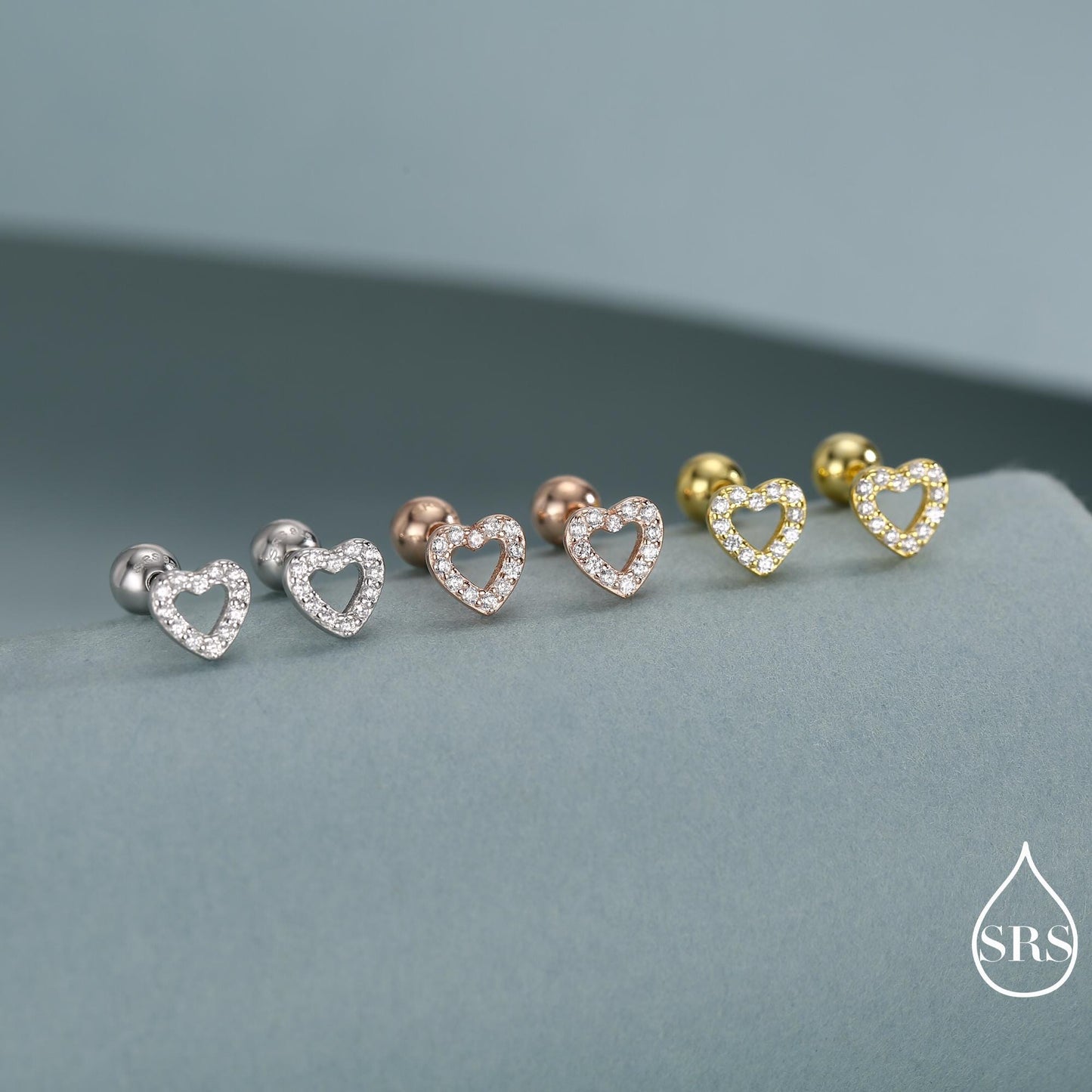 Small Pair of Open Heart Stud Earrings in Sterling Silver, Rose Gold, Silver, Screw Back Earrings - helix, cartilage, conch, tragus