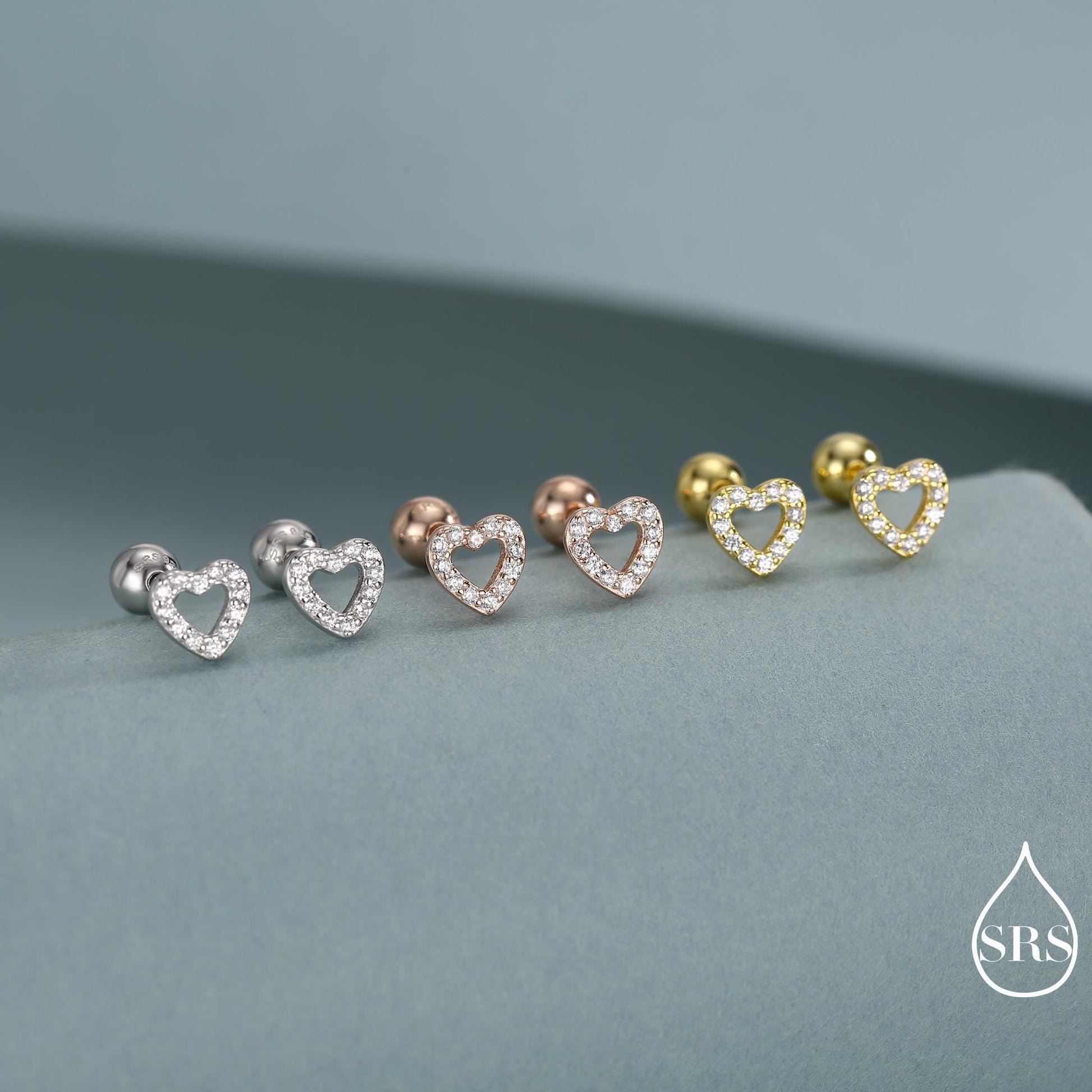 Small Pair of Open Heart Stud Earrings in Sterling Silver, Rose Gold, Silver, Screw Back Earrings - helix, cartilage, conch, tragus