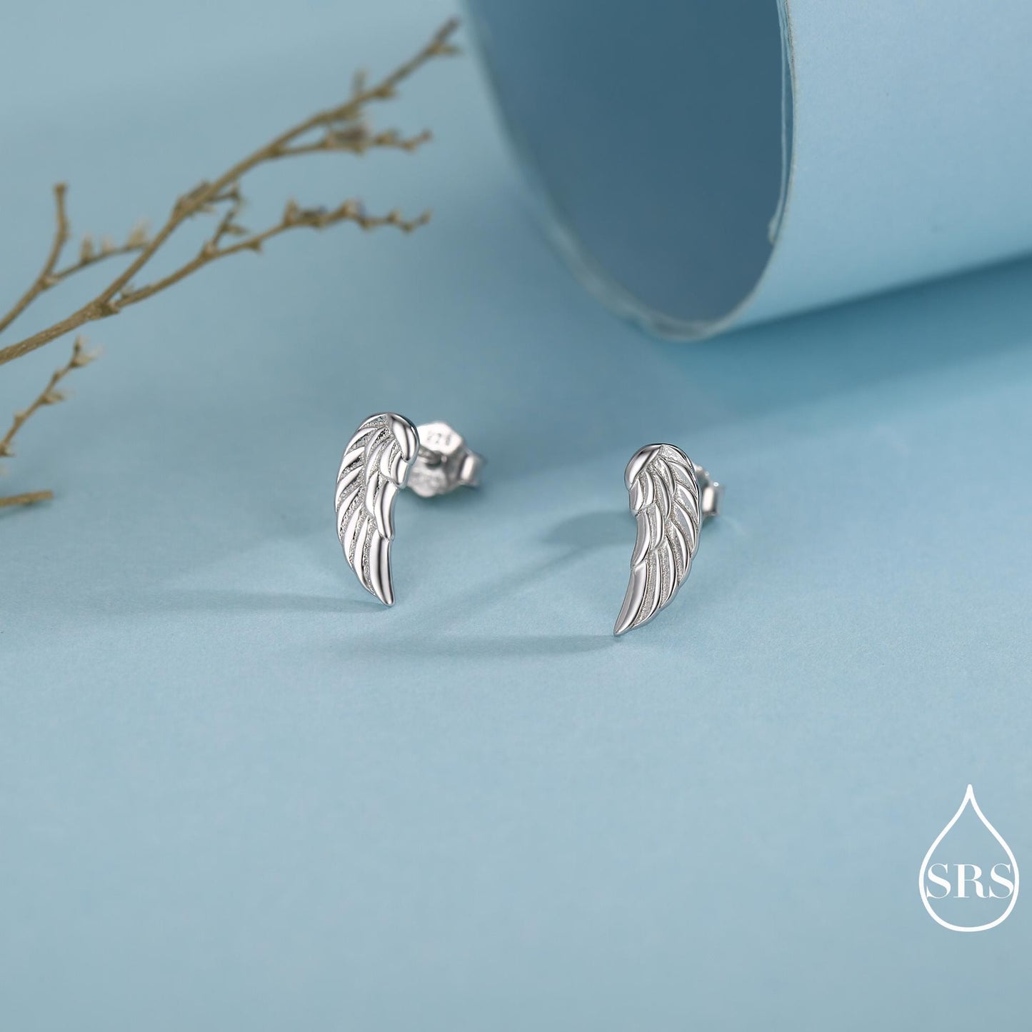 Angel Wings Stud Earrings in Sterling Silver, Feather Earrings, Silver Wing Earrings