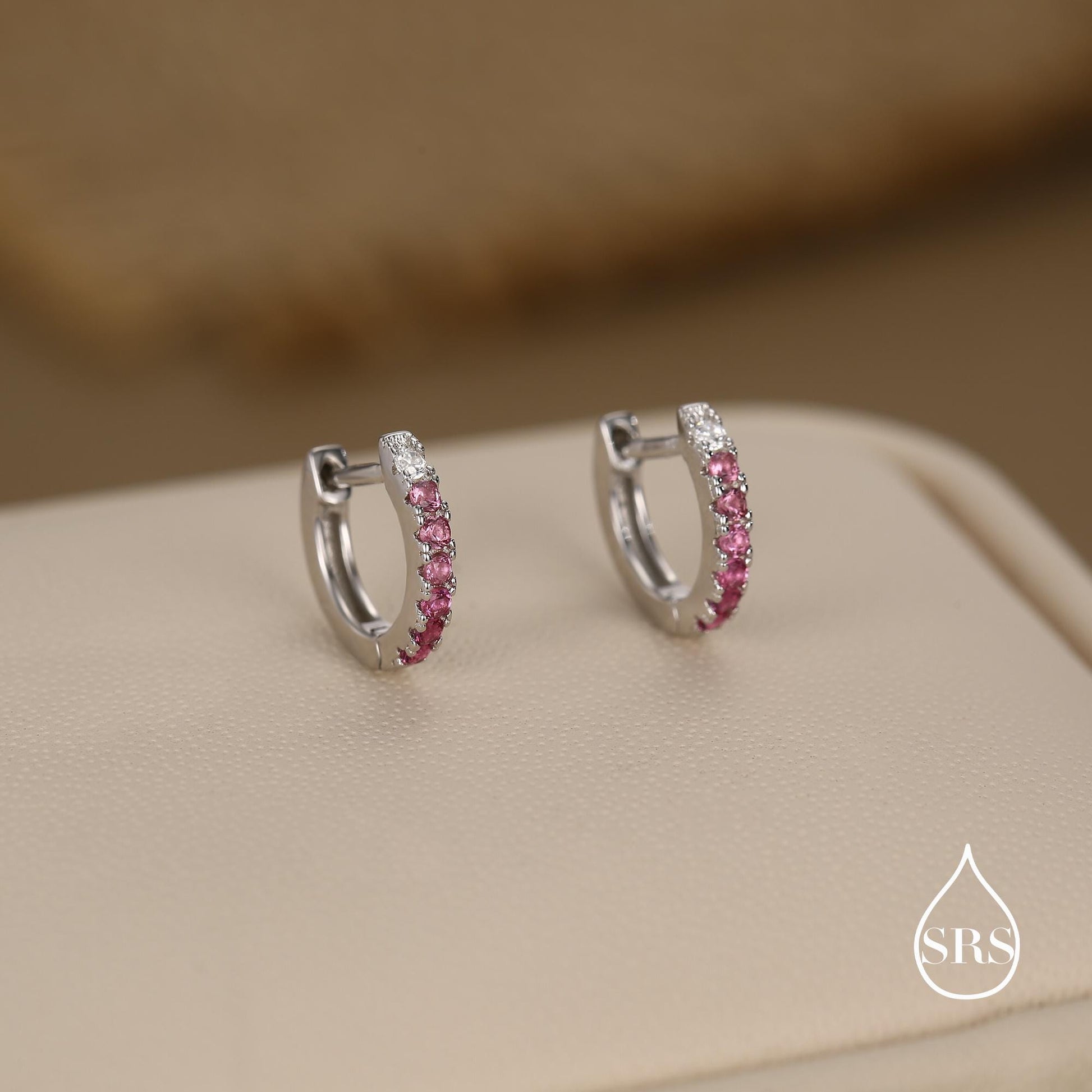 Ruby Pink Ombre CZ Huggie Hoops in Sterling Silver, Silver or Gold, Minimalist Hoop Earrings, 8mm Hoops, cartilage hoops, Gradient