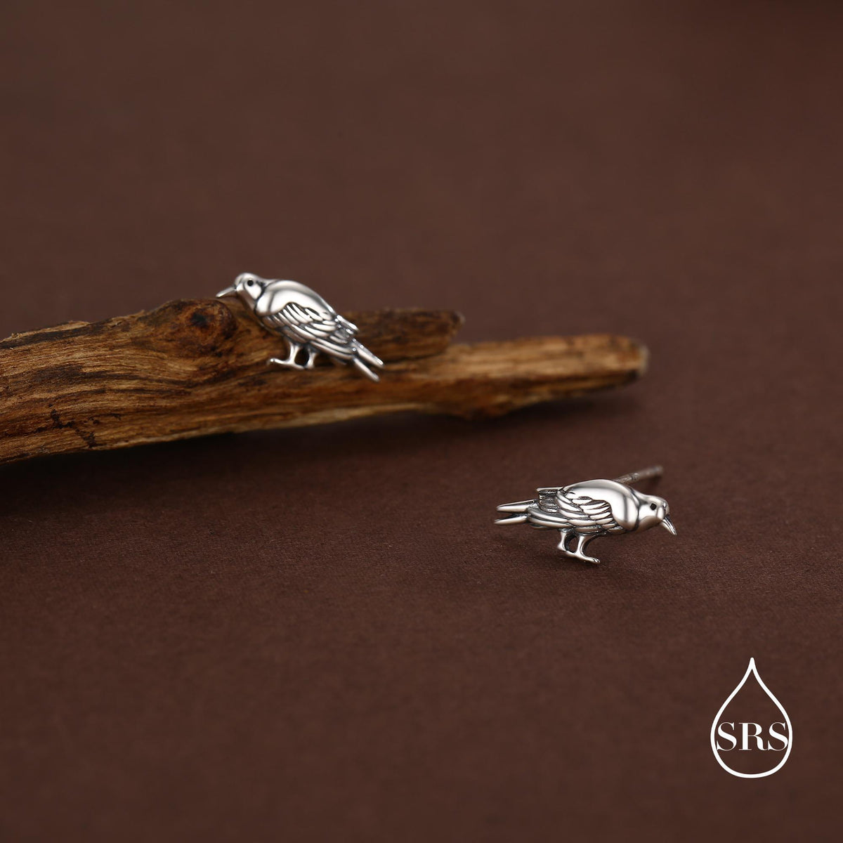 Crow Stud Earrings in Sterling Silver with Oxidised Finish