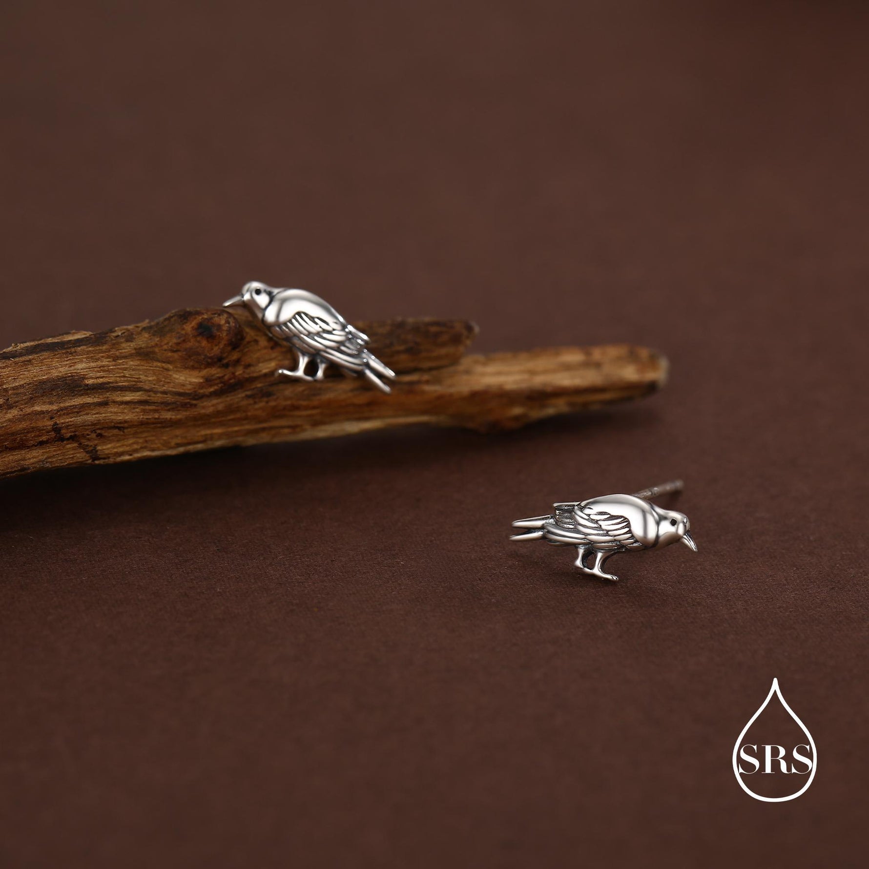 Crow Stud Earrings in Sterling Silver with Oxidised Finish