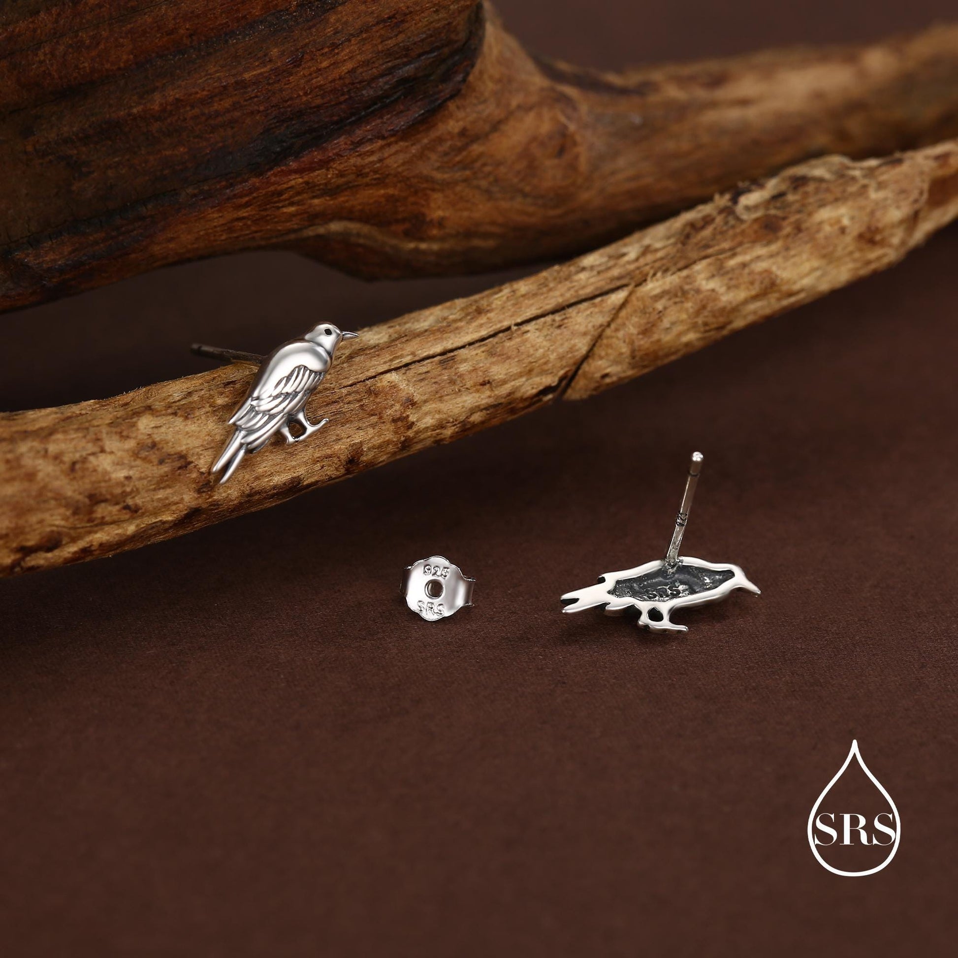 Crow Stud Earrings in Sterling Silver with Oxidised Finish