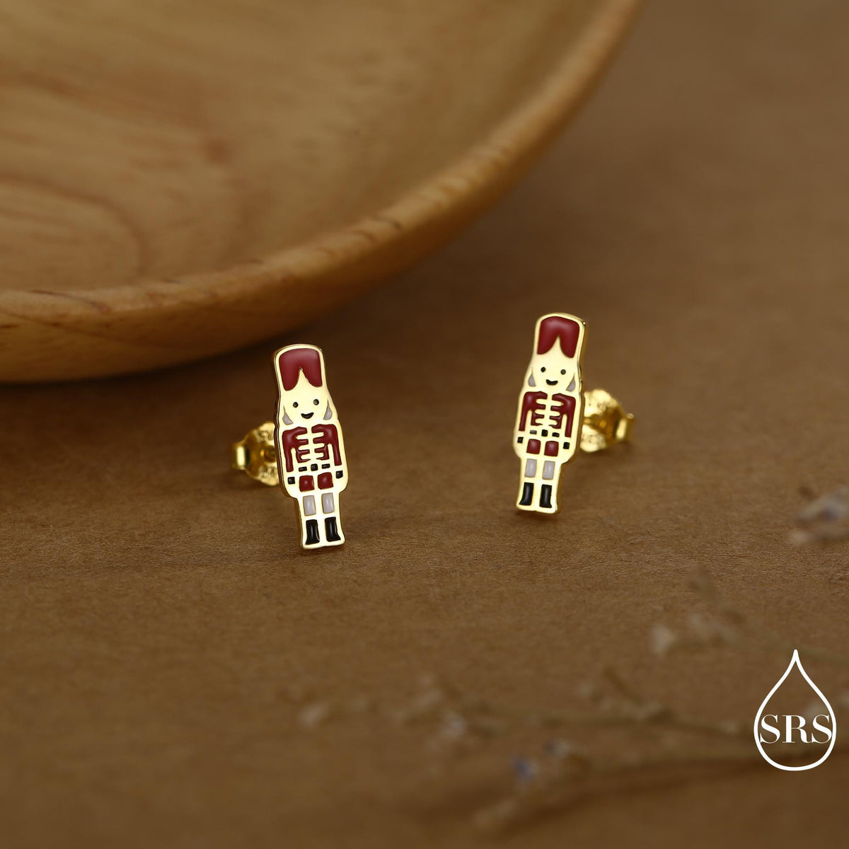 Sterling Silver Nut Cracker Guard Stud Earrings - Silver or Gold Finish - Enamel Nutcracker Style Earrings