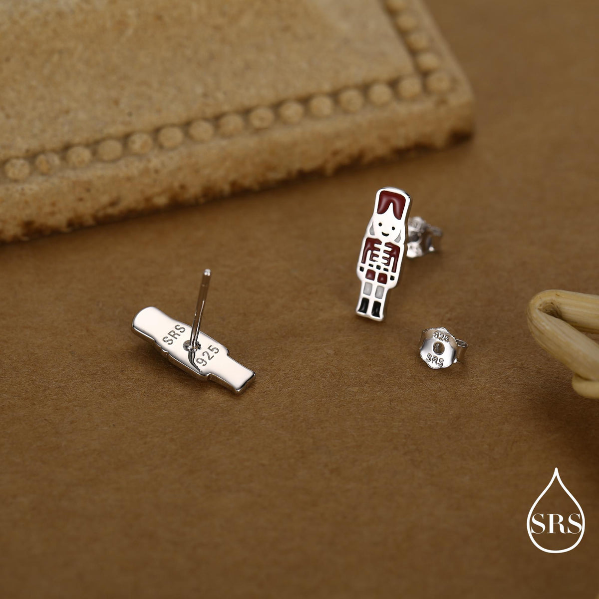 Sterling Silver Nut Cracker Guard Stud Earrings - Silver or Gold Finish - Enamel Nutcracker Style Earrings