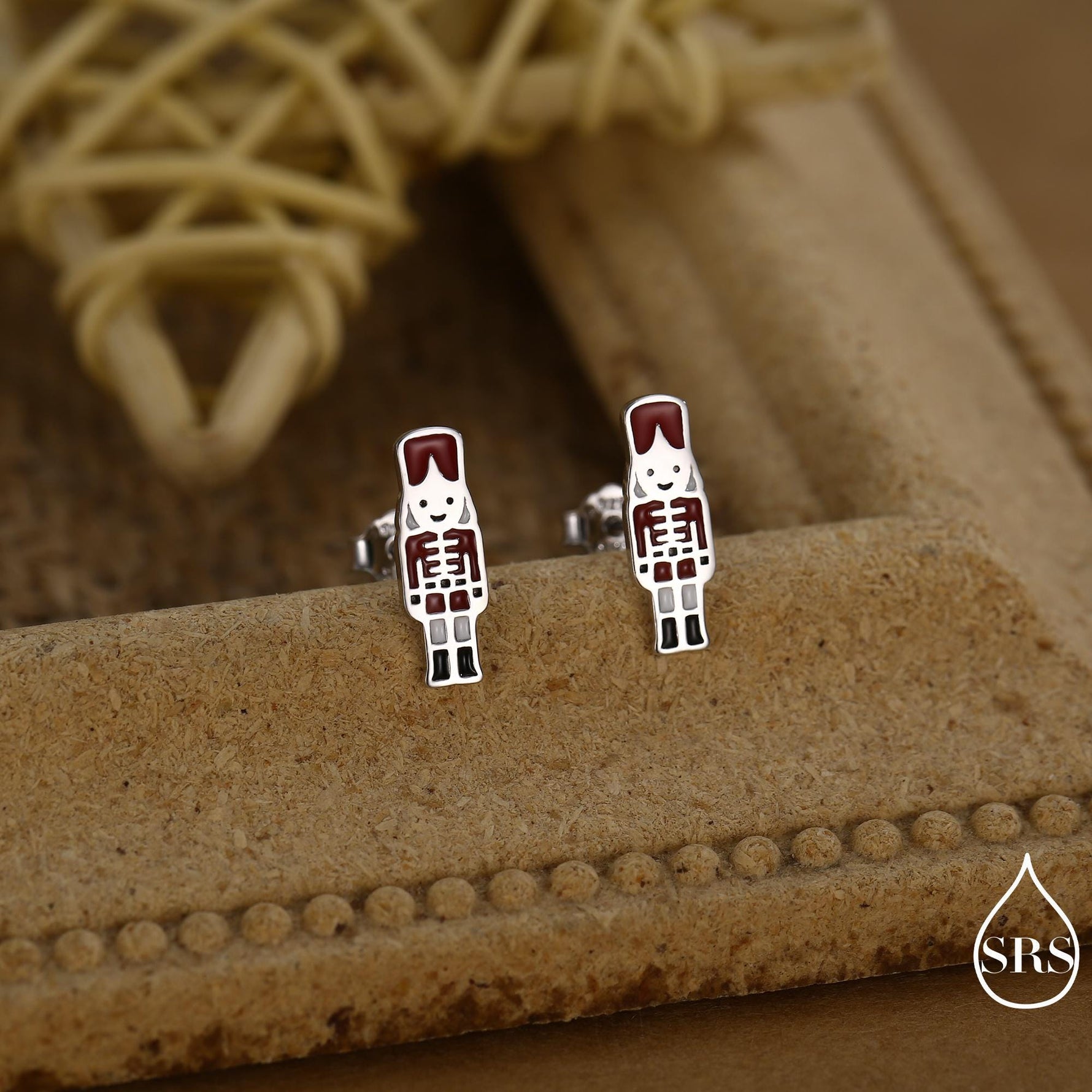 Sterling Silver Nut Cracker Guard Stud Earrings - Silver or Gold Finish - Enamel Nutcracker Style Earrings