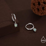 Green Opal Dot Dangle Huggie Hoop Earrings in Sterling Silver, 4mm Tiny Opal Prong Set Hoops, Opal Hoops, Fire Opal Hoops