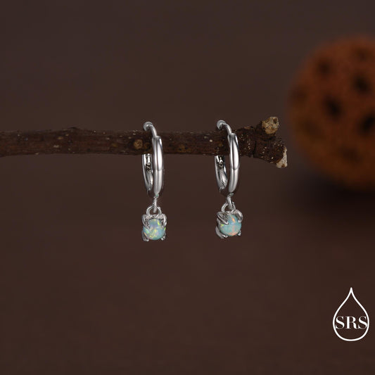 Green Opal Dot Dangle Huggie Hoop Earrings in Sterling Silver, 4mm Tiny Opal Prong Set Hoops, Opal Hoops, Fire Opal Hoops