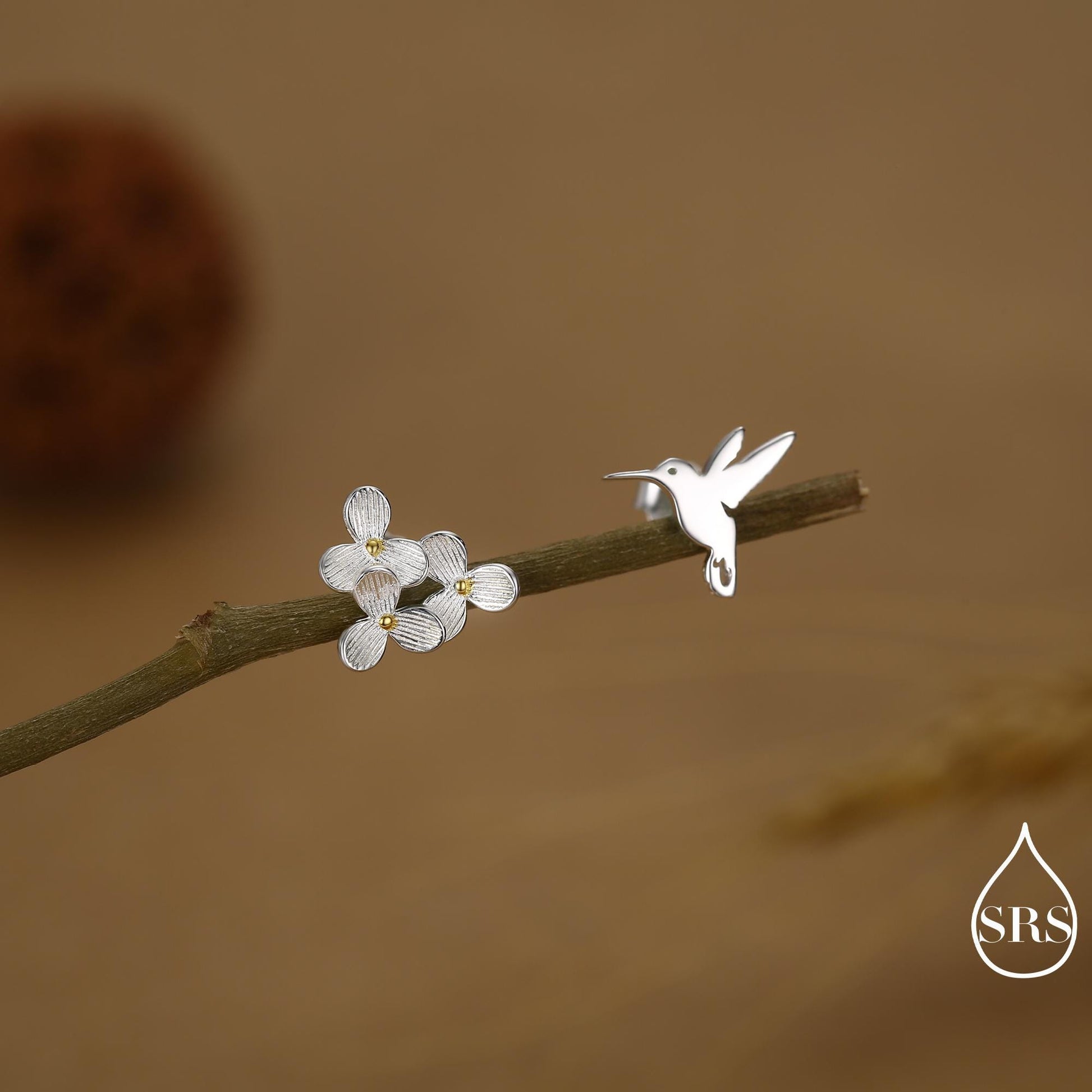 Mismatched Hummingbird and Hydrangea Flower Stud Earrings in Sterling Silver, AsymmetricFlower and Hummingbird Earrings